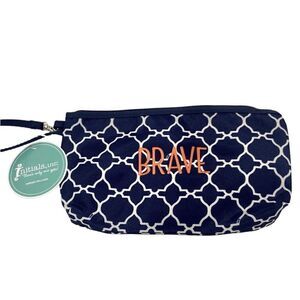 NWT Initials Inc. blue with white design make up bag BRAVE embroidered